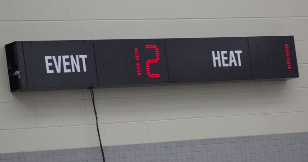 A small scoreboard reads what event and heat it is at the Butler Invitational Jan. 27, 2019 at Fishers High School. This was the 10th year Butler University has hosted this invitational. Patrick Murphy,DN