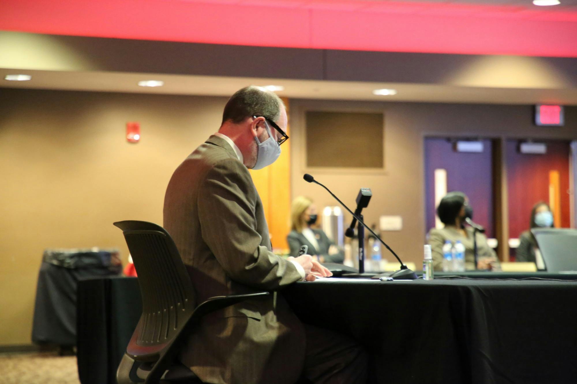 Alan Finn, vice president for business affairs and treasurer, speaks in front of the Board of Trustees to establish the Employee Development Wellbeing Committee in the L.A Pittenger Student Center Jan. 28, 2022. Ball State&#x27;s Board of Trustees appointed Brian Gallagher as chair of the new committee. Hannah Amos, DN