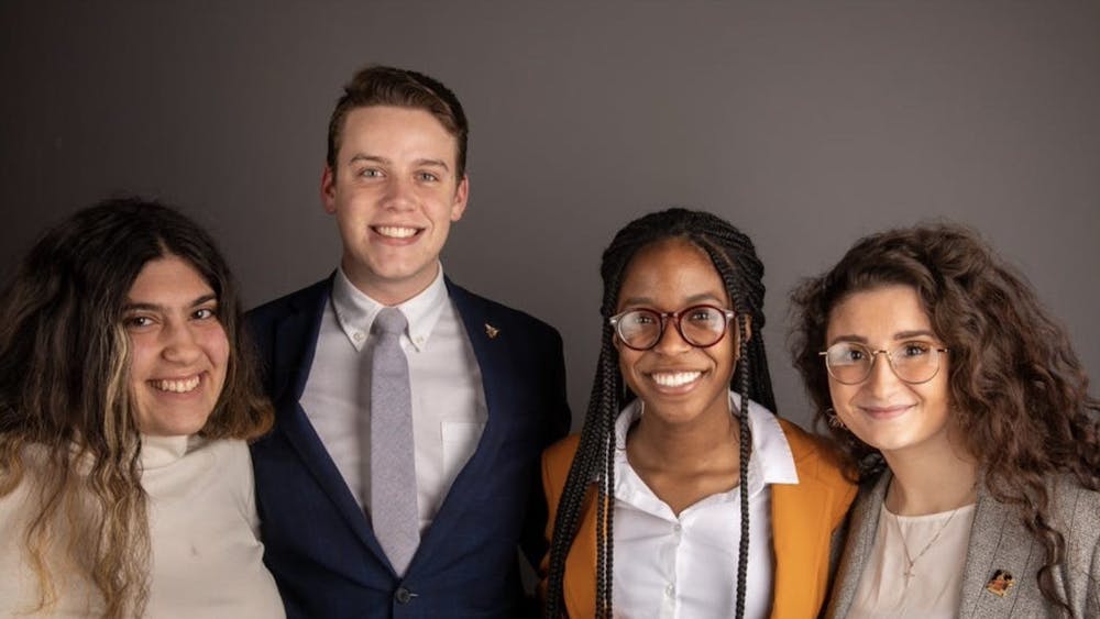Bold executive slate members pose for a photo in February 2020. (Left to right) Amanda Mustaklem, treasurer, Connor Sanburn, president, Jordyn Blythe, vice president and Gina Esposito, chief administrator. Bold was the Student Government Association executive slate during the 2020-21 school year. Jacob Musselman, DN File