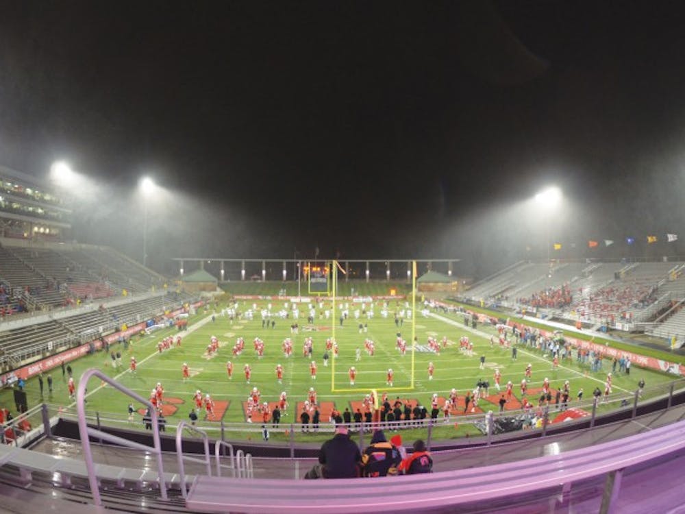 Scheumann Stadium remains empty at the start of the football game Wednesday evening against Central Michigan University. Ball State Dance Marathon’s plans for filling the stadium with 10,000 students in order to raise money for Riley Hospital for Children with the athletic department fell short of its intended goal due partially to the weather. DN PHOTO COREY OHLENKAMP