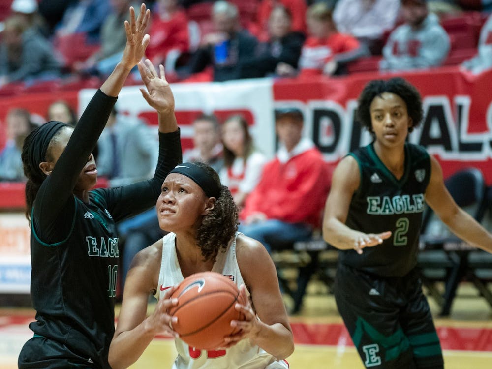 Junior forward Oshlynn Brown goes up for a basket Jan. 11, 2020, at John E. Worthen Arena. The Cardinals beat the Eagles 59-54. Jacob Musselman, DN