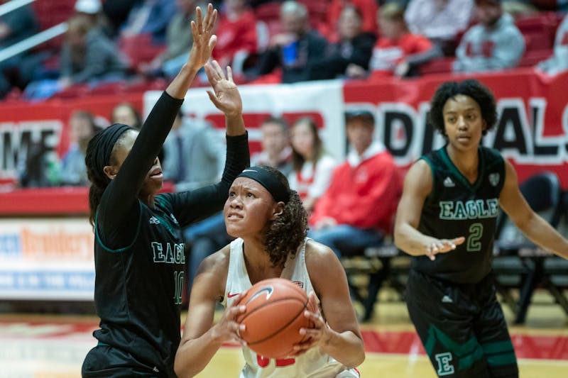 Junior forward Oshlynn Brown goes up for a basket Jan. 11, 2020, at John E. Worthen Arena. The Cardinals beat the Eagles 59-54. Jacob Musselman, DN