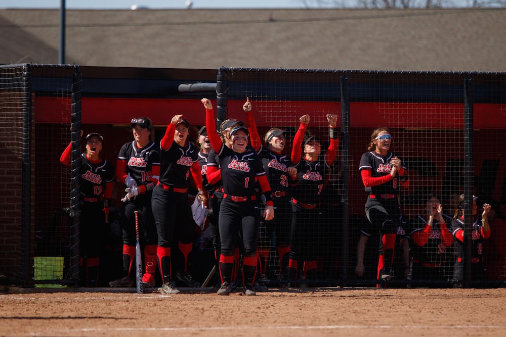 <p>The Cardinals celebrates a home run hit by one of their teammates in the fifth inning against Ohio March 16 at First Merchants Bank Ballpark. The Cardinals were at 3-5 in the fifth inning. Kate Tilbury, DN</p>