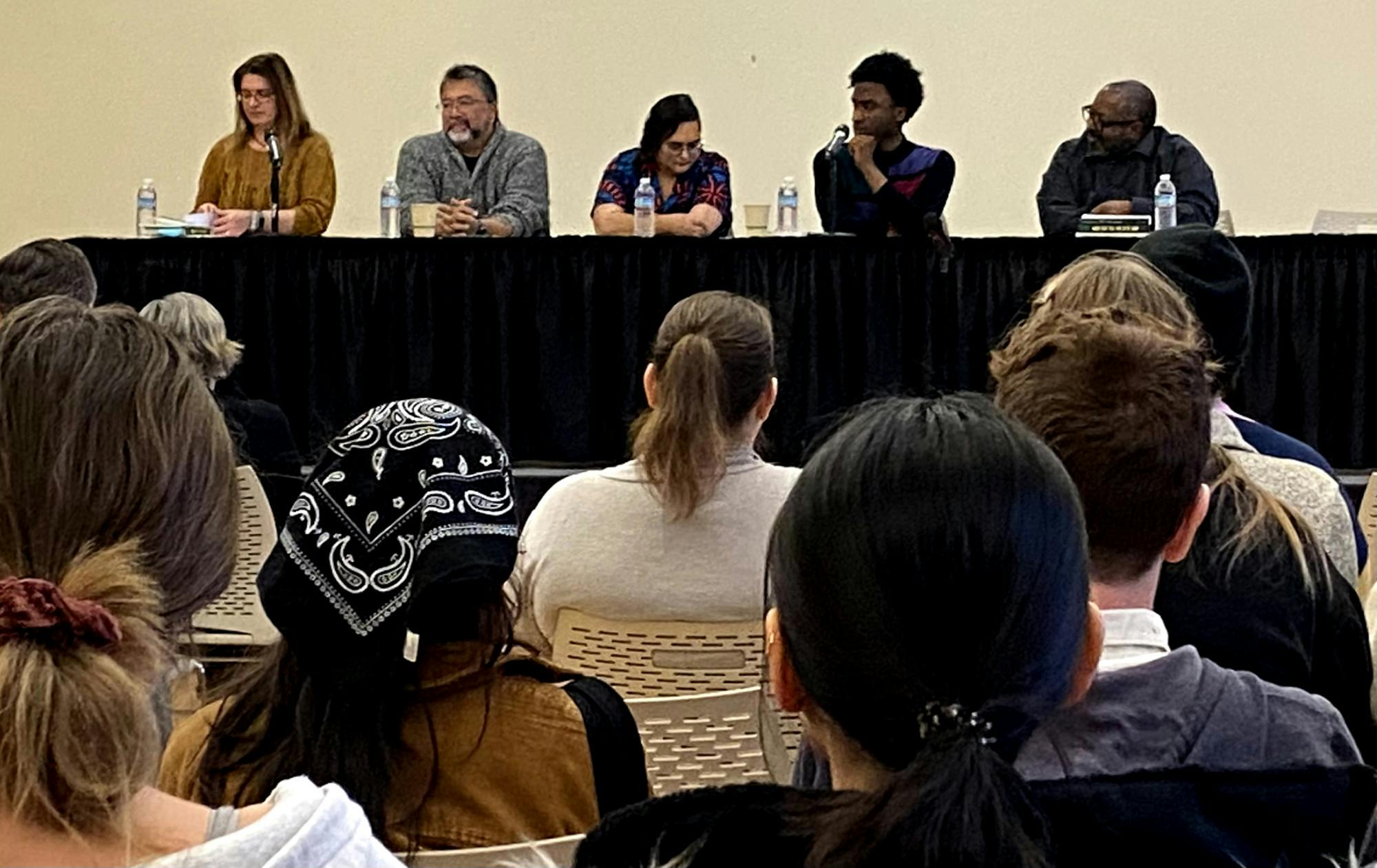 The five panelists, pictured from left to right, Jill Christman, Ira Sukrungruang, Jasmine Sawers, Prince Shakur and Michael Kleber-Diggs answer questions from the audience at the 18th In-Print Festival of First Books in the L.A. Pittenger Student Center March 30. Jaden Hasse, DN