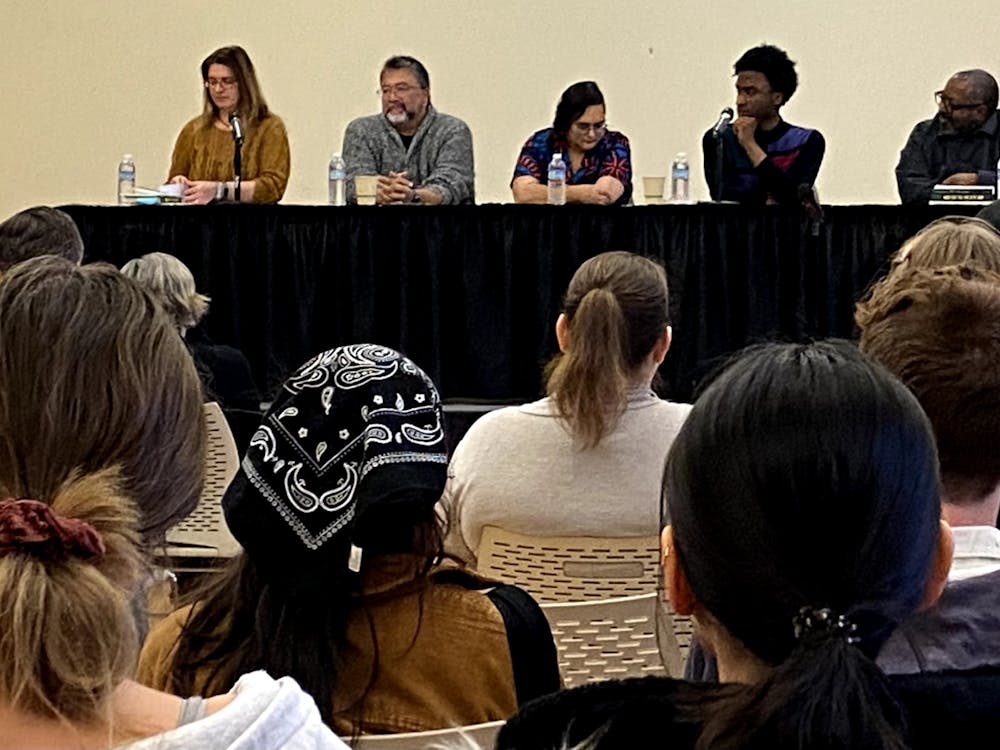 The five panelists, pictured from left to right, Jill Christman, Ira Sukrungruang, Jasmine Sawers, Prince Shakur and Michael Kleber-Diggs answer questions from the audience at the 18th In-Print Festival of First Books in the L.A. Pittenger Student Center March 30. Jaden Hasse, DN