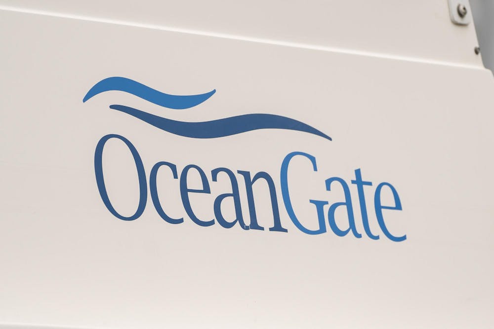 The OceanGate logo is seen on a vessel stored near the OceanGate offices on Wednesday, June 21, 2023, in Everett, Washington. OceanGate, owner of the missing submersible carrying five people trying to visit the Titanic wreckage in the North Atlantic, operates out of Everett. (David Ryder/Getty Images/TNS)