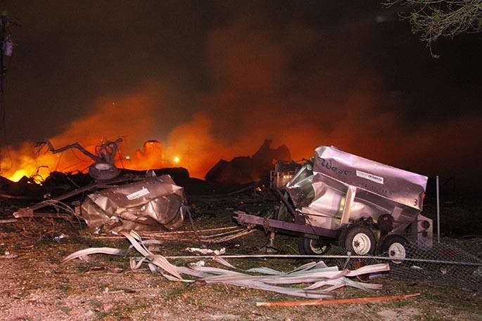 A fire burns at a fertilizer plant in West, Texas after an explosion Wednesday April 17, 2013. (Michael Ainsworth/Dallas Morning News/MCT)