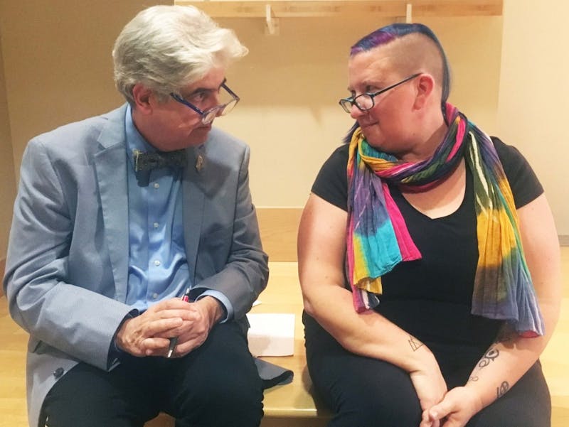 Michael Martone sits with joj, Ball State creative writing graduate student, after his reading Oct. 10, 2019, in the Arts and Journalism building, AJ 225. Joj has read most of Martone's books and was awarded the scholarship Martone created in his parents' name. Tier Morrow, DN