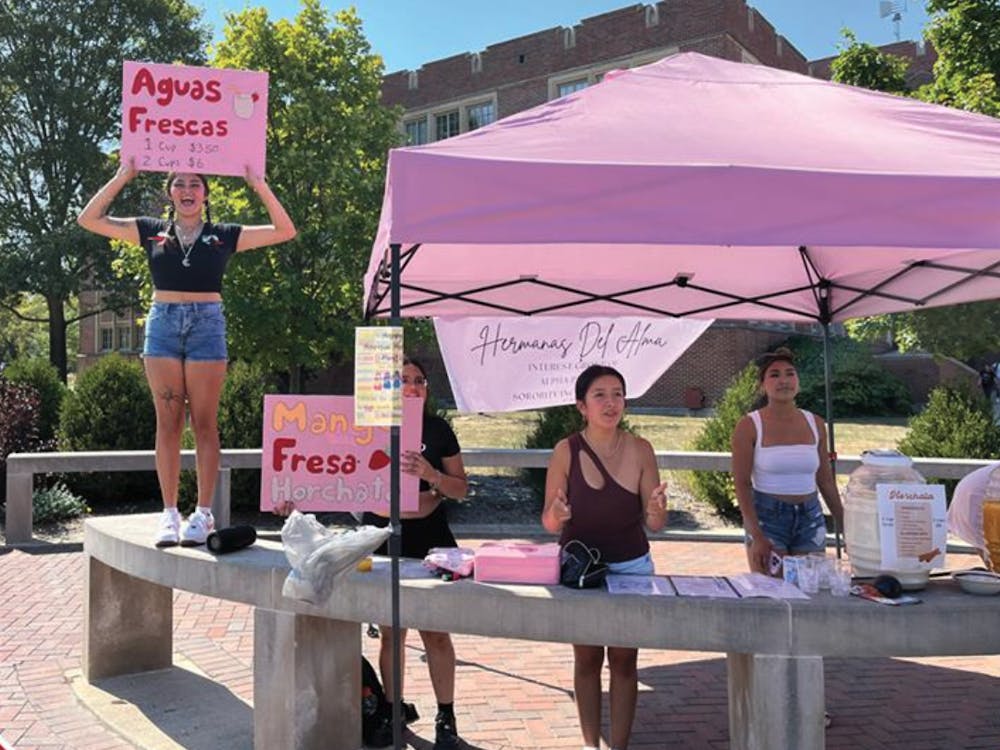 Photo by Bachka Batjargal, McKinley Avenue Agency Hermanas Del Alma, an interest group under Alpha Pi Sigma, promotes their aguas frescas for their philanthropy, Sept 16., at Ball State University, Muncie, Ind. The group focuses on creating a strong sense of community and representation, in hopes to become the first Latina-based sorority on campus. With nine active members and 25 potential new members, Hermanas Del Alma is set to hold monthly fundraisers and community service events. See something cool on campus or have an event we should capture? Email Captured on Campus, mckinleyave@bsu.edu