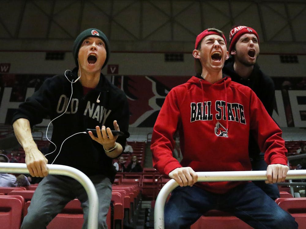 Ball State fans celebrate the Cardinals scoring during their game against Butler Saturday, Nov. 23, 2019, at John E. Worthen Arena. Ball State won 74-70. Paige Grider, DN