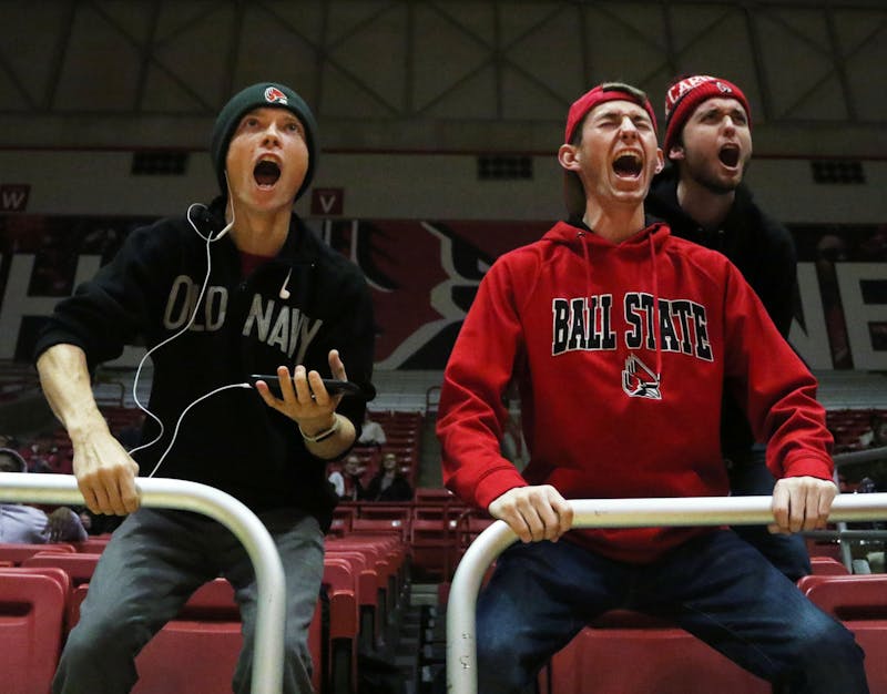 Ball State fans celebrate the Cardinals scoring during their game against Butler Saturday, Nov. 23, 2019, at John E. Worthen Arena. Ball State won 74-70. Paige Grider, DN