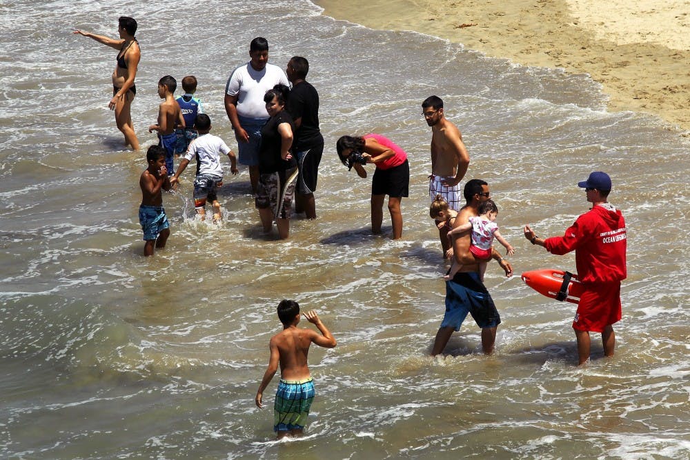 Lifeguard Chris Maloney calls beachgoers out of the water on Saturday, July 5, 2014, in Manhattan Beach, Calif., after a swimmer was hospitalized with a shark bite. (Rick Loomis/Los Angeles Times/MCT)