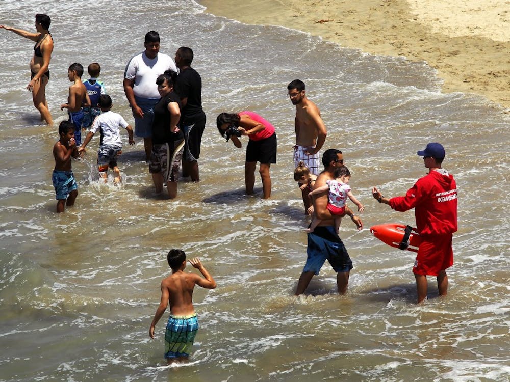 Lifeguard Chris Maloney calls beachgoers out of the water on Saturday, July 5, 2014, in Manhattan Beach, Calif., after a swimmer was hospitalized with a shark bite. (Rick Loomis/Los Angeles Times/MCT)