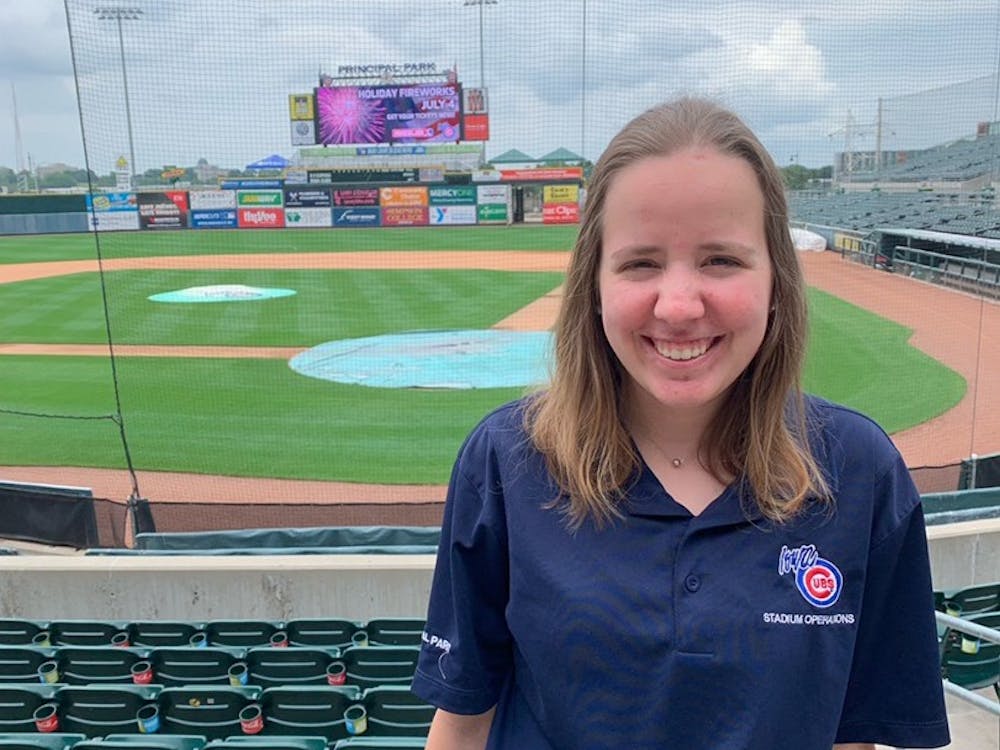 Sarah Kendall, senior sports administration major, poses for a photo at Principal Park in Des Moines, Iowa. Kendall is spending her summer with the Minor League Baseball team Iowa Cubs as a stadium operations intern. Sarah Kendall, Photo Provided