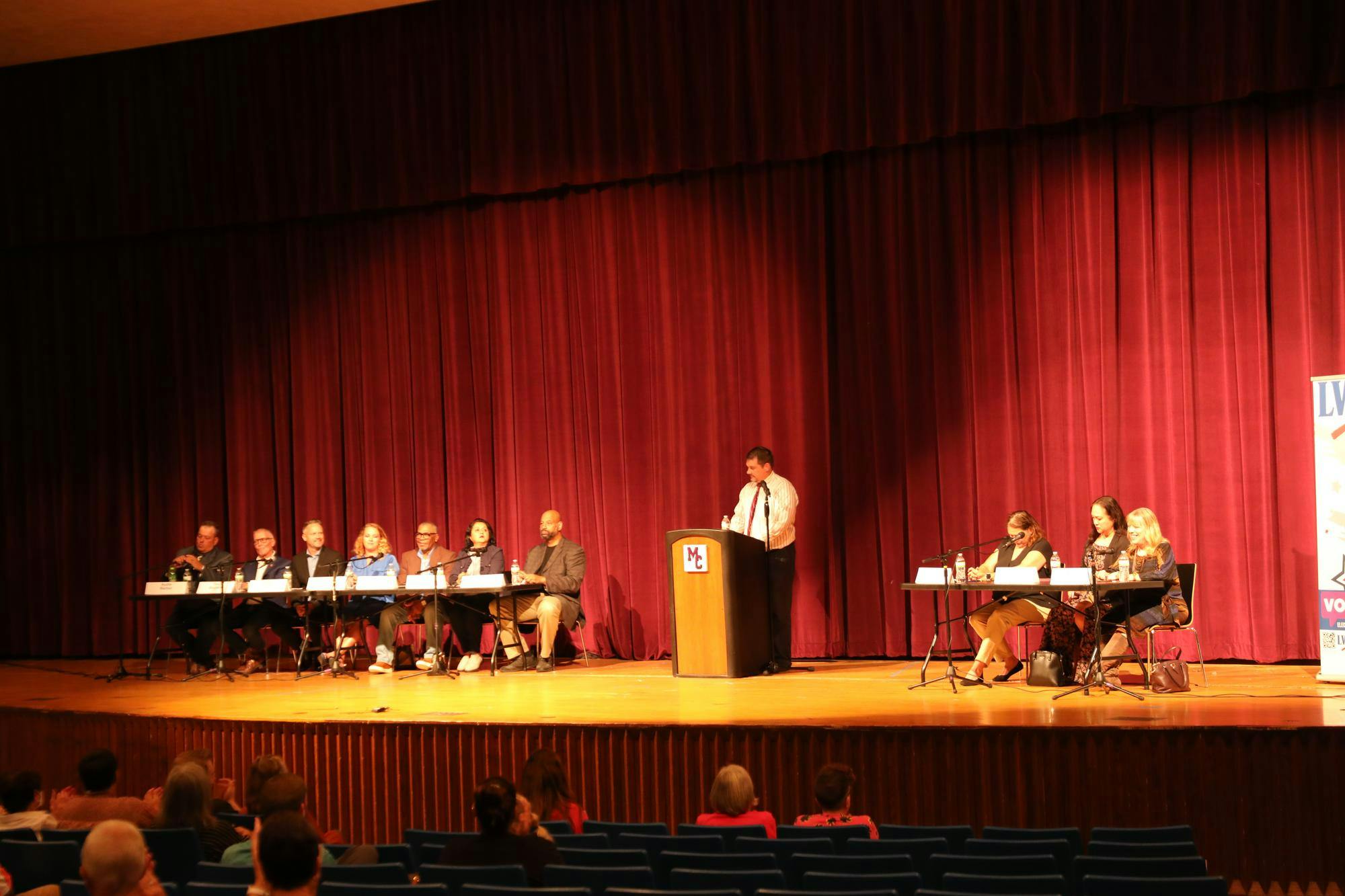 Candidates for the city council at-large, city court judge and city clerk treasurer positions wait for the candidate forum to start Sept. 20 at the Muncie Central High School Auditorium. Voters have until Oct. 10 to register to vote for the municipal elections Nov. 7. Grayson Joslin, DN