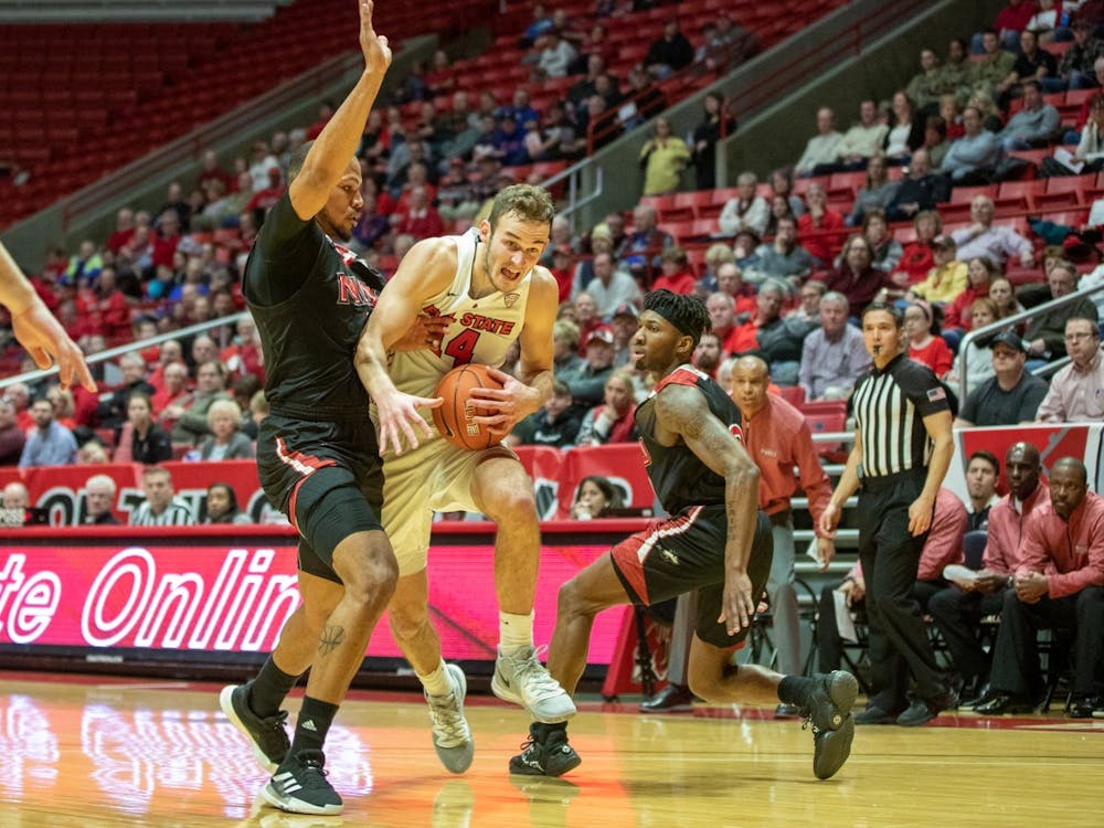 Senior forward Kyle Mallers goes in the paint Feb. 11, 2020, at John E. Worthen Arena. Mallers scored 12 points against the Huskies. Jacob Musselman, DN