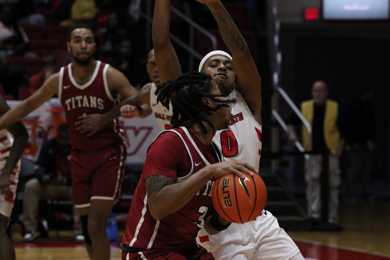 Redshirt junior guard Jarron Coleman defends in a game against IU-South Bend Nov. 19 at Worthen Arena. Coleman scored 12 points during the game. Mya Cataline, DN