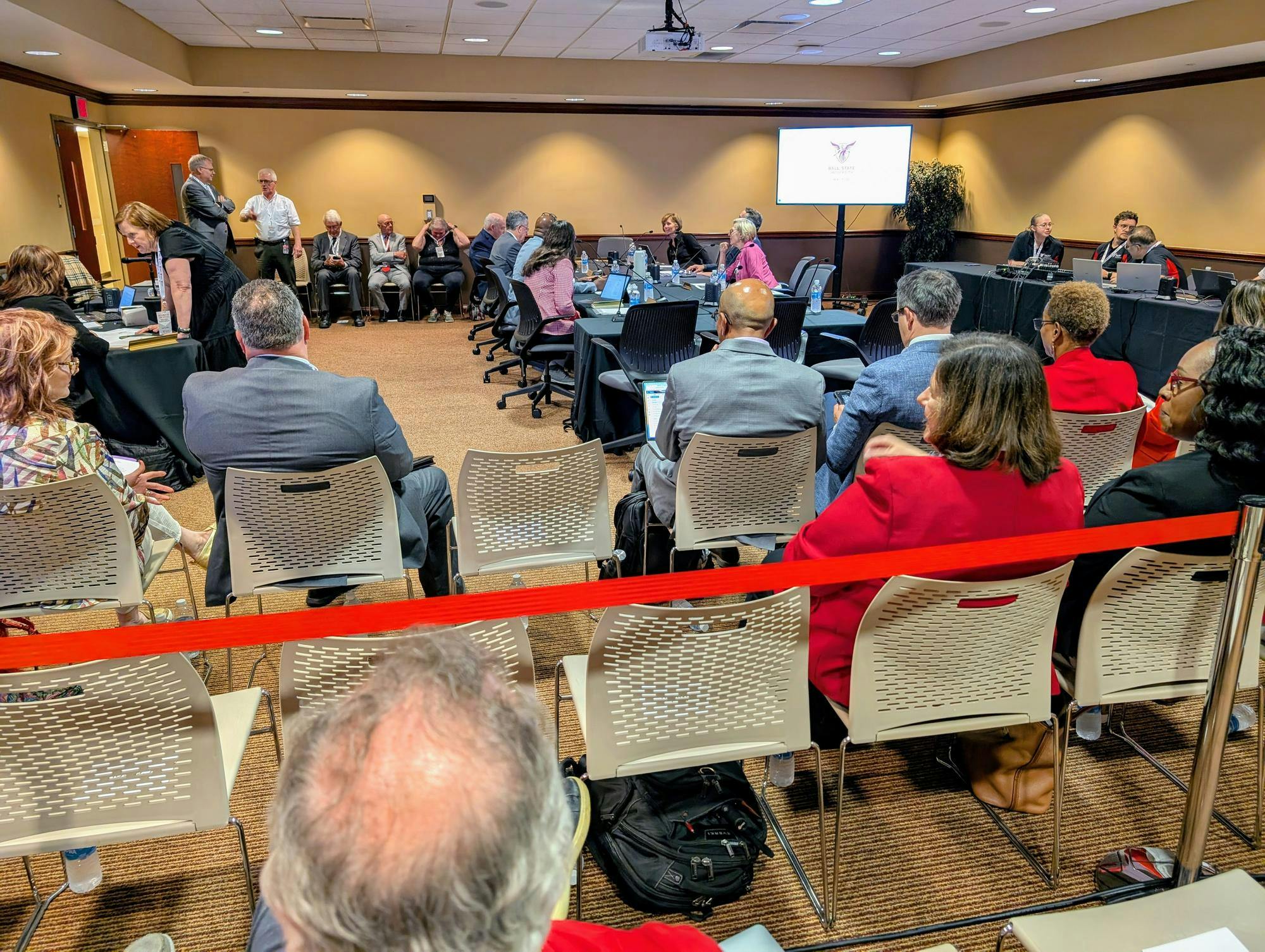 Ball State's Board of Trustees prepares to begin its June 13 meeting in the L.A. Pittenger Student Center. Corey Ohlenkamp, photo provided.