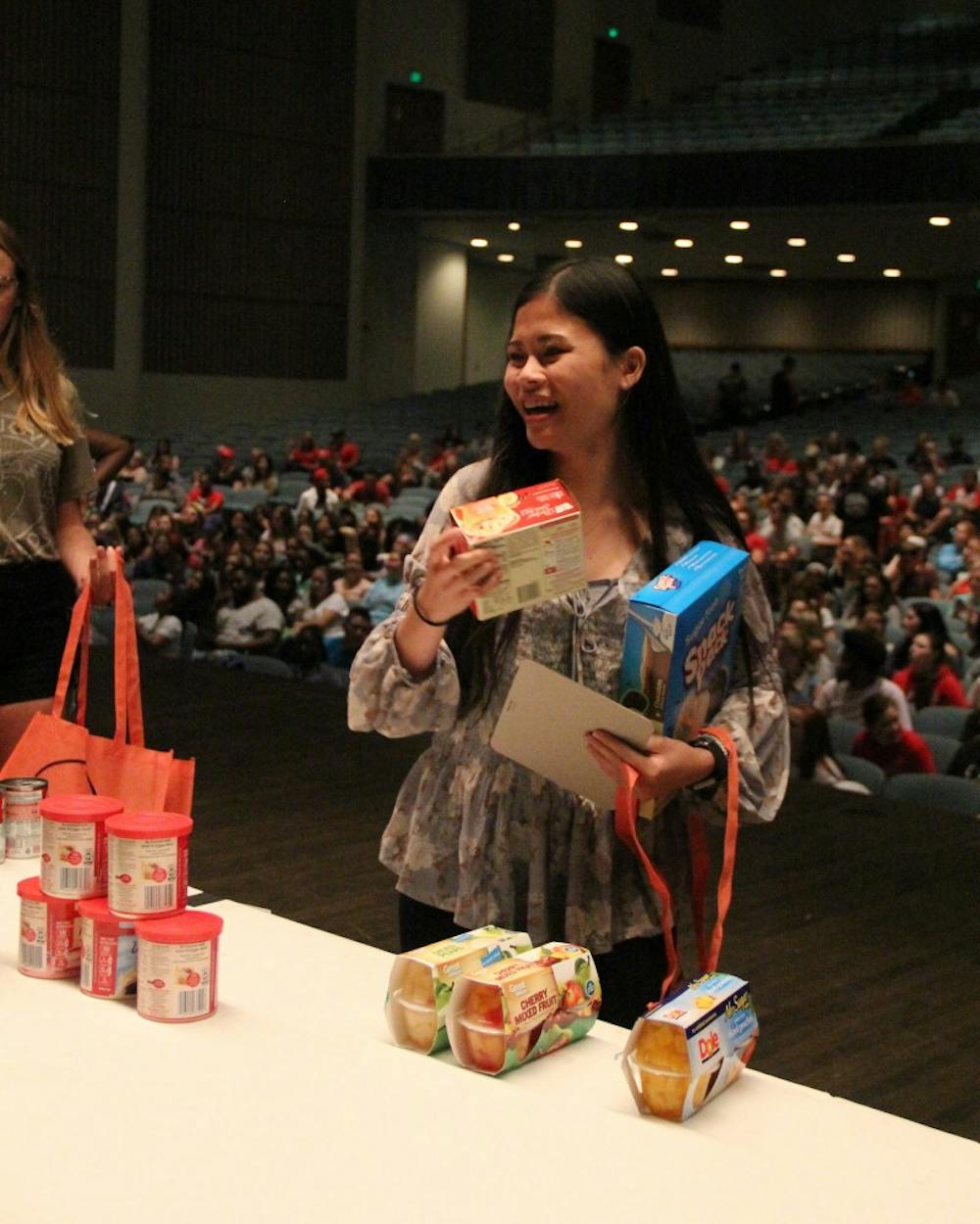University Program Board hosts grocery bingo in John R. Emens Auditorium on Aug. 23, 2017. Students who won got a bag of food.