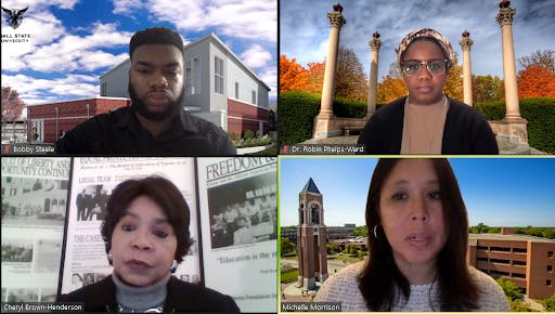 Michelle Morrison, bottom right, asks Cheryl Brown Henderson, bottom left, questions after her guest lecture. Brown Henderson was the 41st annual MLK Speaker for Ball State&#x27;s Unity Week. Evan Weaver, Screenshot Capture