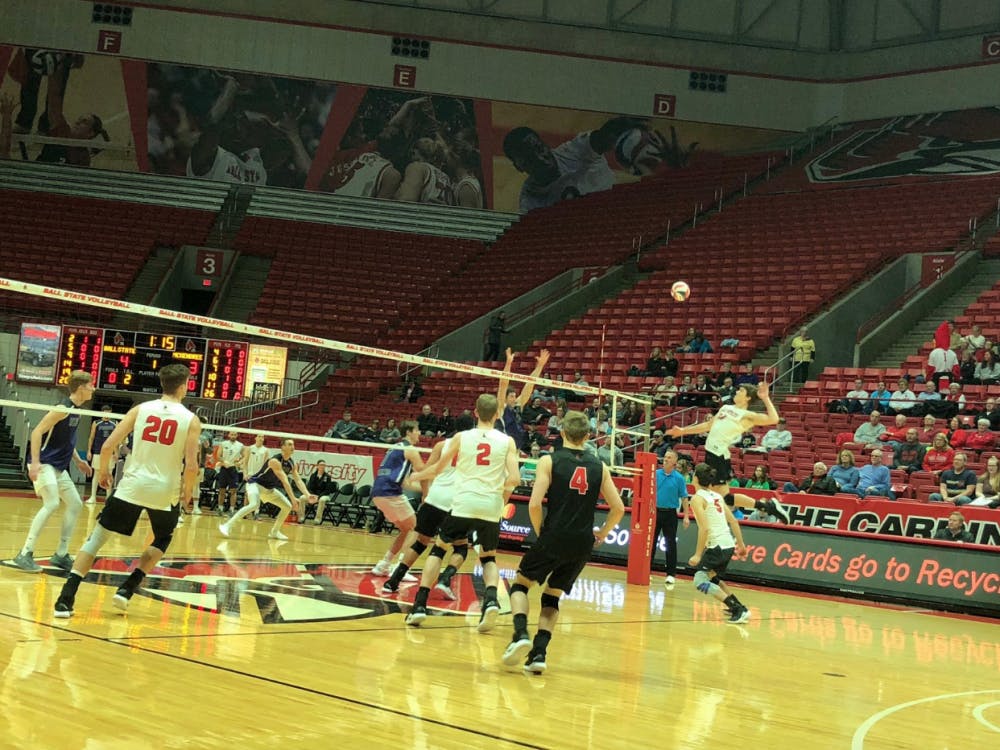 Junior outside attacker Matt Szews prepares to spike the ball in a game against McKendree on Feb. 7 at Worthen Arena. The Cardinals fell to the Bearcats, 3-0. Connor Smith, DN&nbsp;