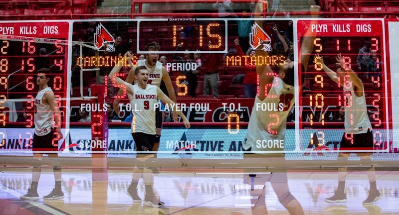 Ball State Men's Volleyball celebrates its 3-2 win over Cal State Northridge Jan. 19, 2019, at John E. Worthen Arena. The win improved the Cardinals' record to 3-4 on the season. Rebecca Slezak, DN