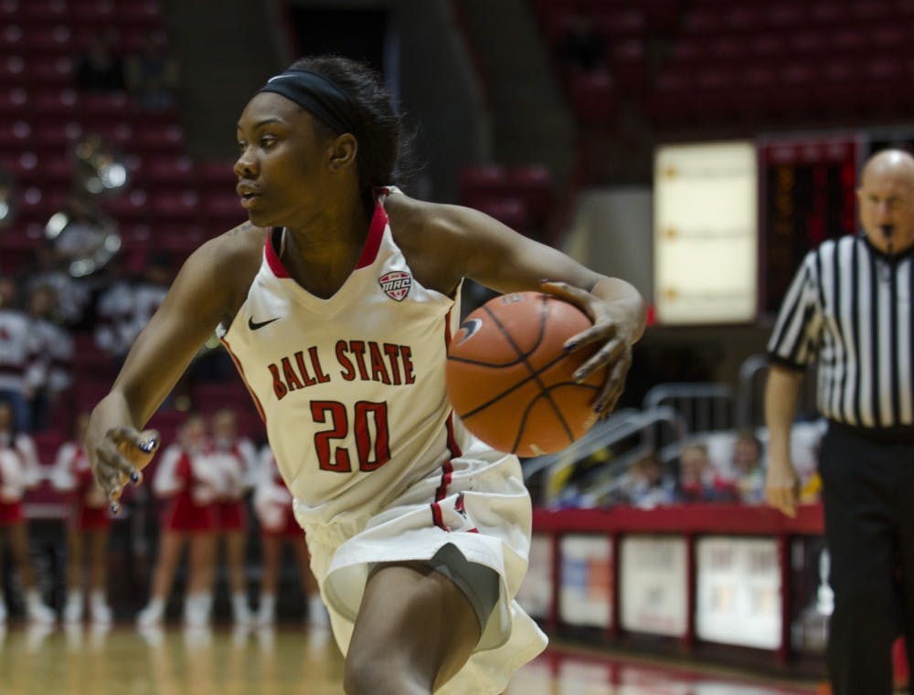 <p>Junior guard Frannie Frazier drives the ball to the net during the game against Central Michigan University on Feb. 25 at Worthen Arena. The Ball State women's 2017-18 schedule will bring seven non-conference opponents to Worthen Arena this season. &nbsp;Emma Rogers, DN File</p>