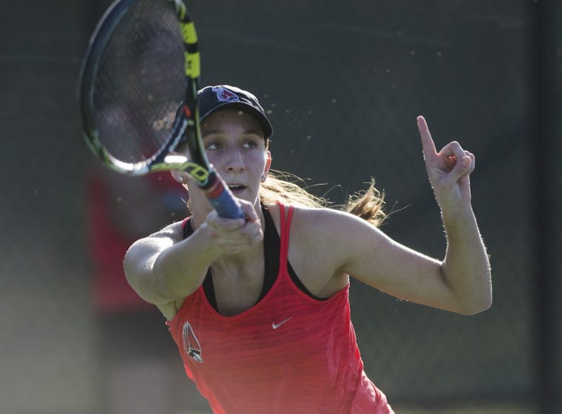 Senior Toni Ormond calls a ball out of play during her singles match against IUPUI on Feb. 19.Emma Rogers // DN