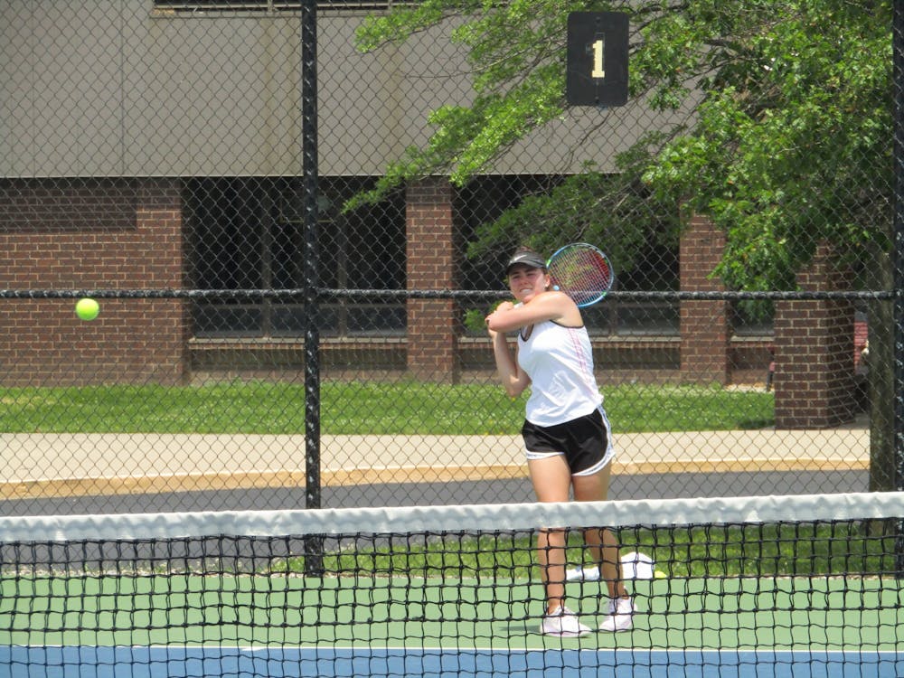 Delta girls tennis senior Gwendolyn Clark follows through on her return shot during the Eagles practice June 1, 2022 at Delta High School. Clark is Delta's No. 1 Singles player with 18 wins on the season. (Kyle Smedley/DN)