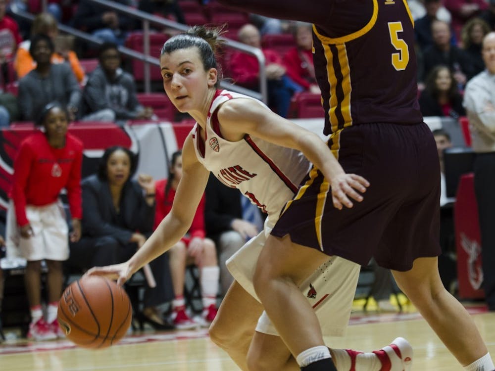 Junior guard Carmen Grande tries to make it to the basket during the game against Central Michigan University on Feb. 25 at Worthen Arena. Ball State will host the University of Illinois Springfield for an exhibition game on Nov. 1. Emma Rogers, DN File