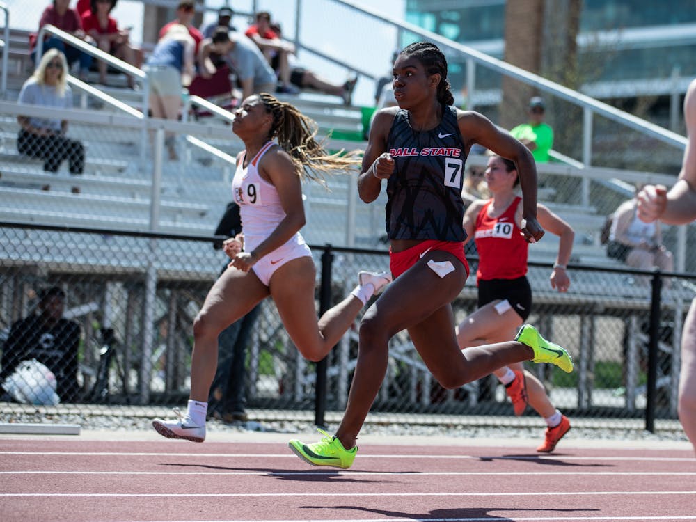 First-year sprinter Taylor Hickman sprints down the track in a race for the Ball State Track and Field We Fly Challenge on April 15 at the University Track at Briner Sports Complex. Katelyn Howell, DN.