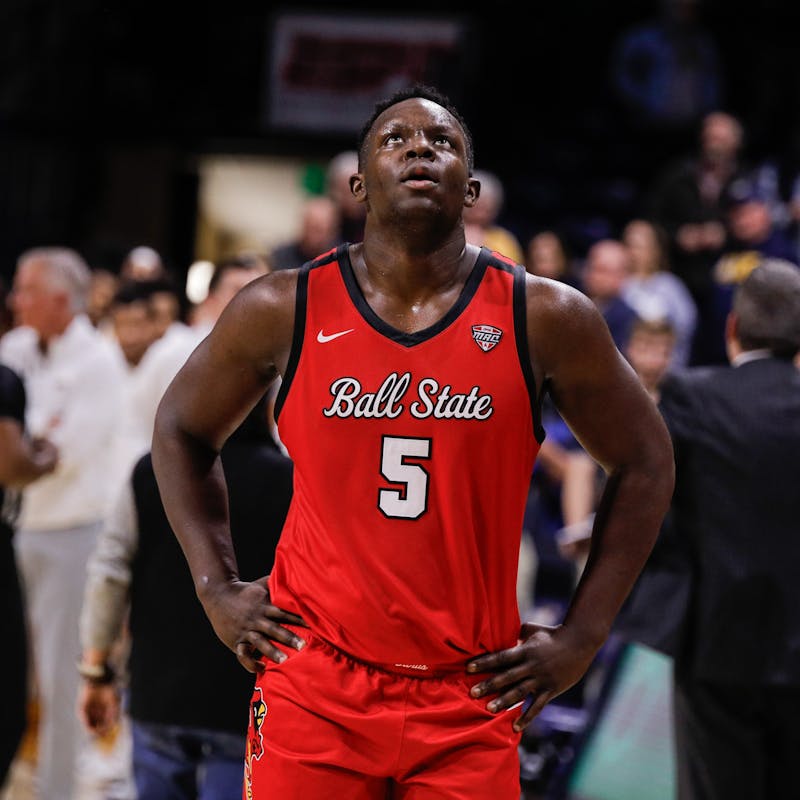 Ball State senior center Payton Sparks looks up to the ceiling after losing to Toledo Feb. 18 at John F. Savage Arena. Ball State fell to Toledo 67-66 in the last second of the game. Andrew Berger, DN 