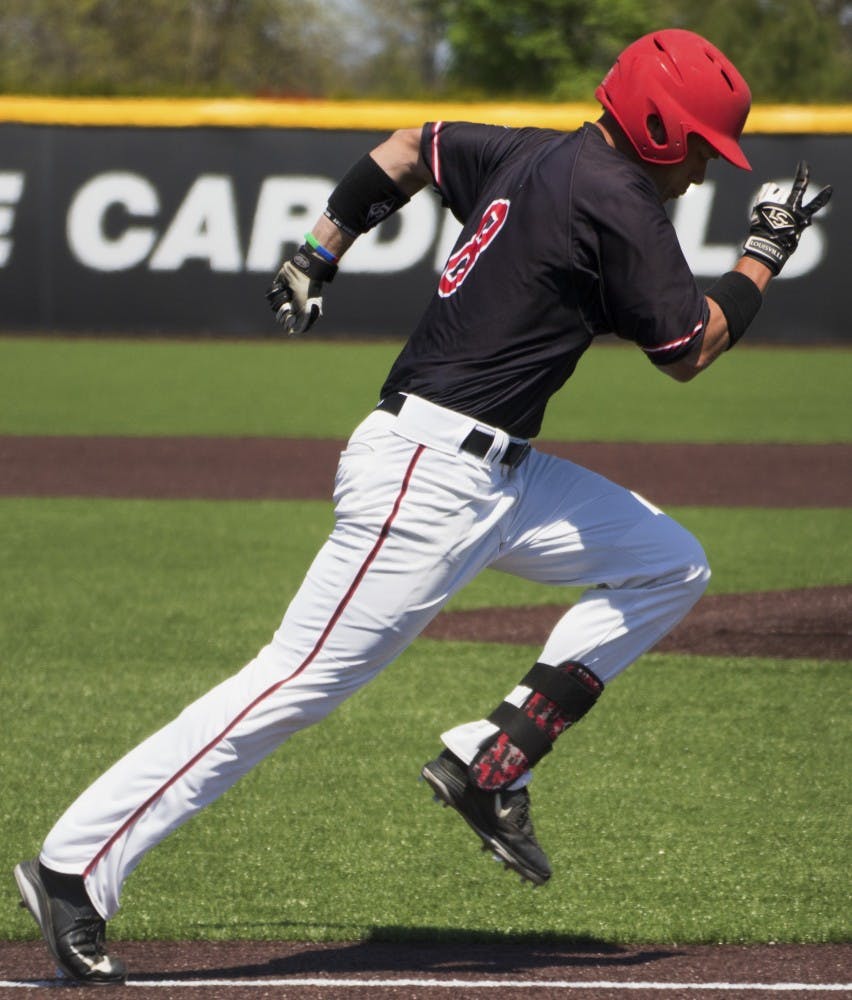 Alex Call, Ball State’s junior outfielder runs to first base during the game against Bowling Green on April 23. DN PHOTO GRACE RAMEY