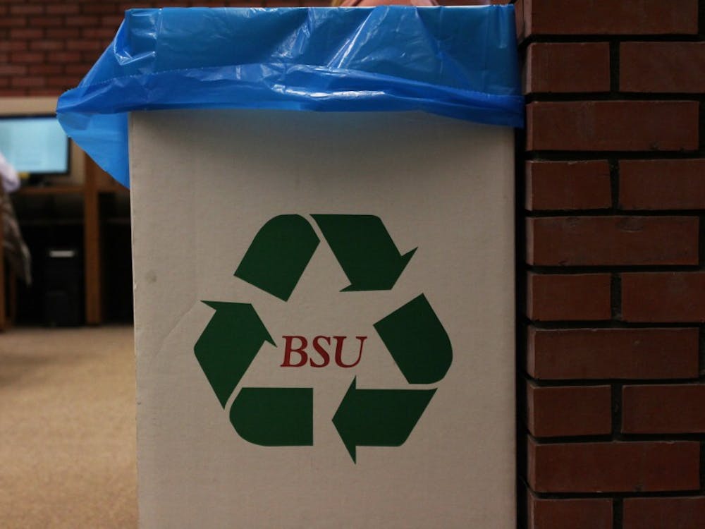 A recycling bin with a blue bag sits on the third floor of the Bracken Library, Nov. 13, 2018. Muncie's blue bag system celebrates twenty and is used by organizations and individuals to recycle items. Maggie Getzin, DN
