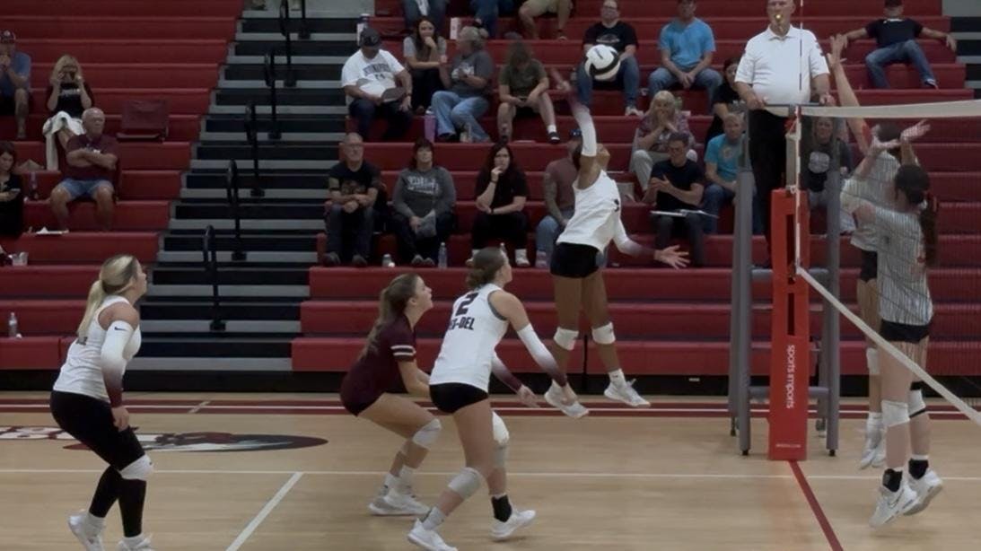 Freshman Joy Toney delivers a spike to help Wes-Del rally back during their game on Sept. 24. 