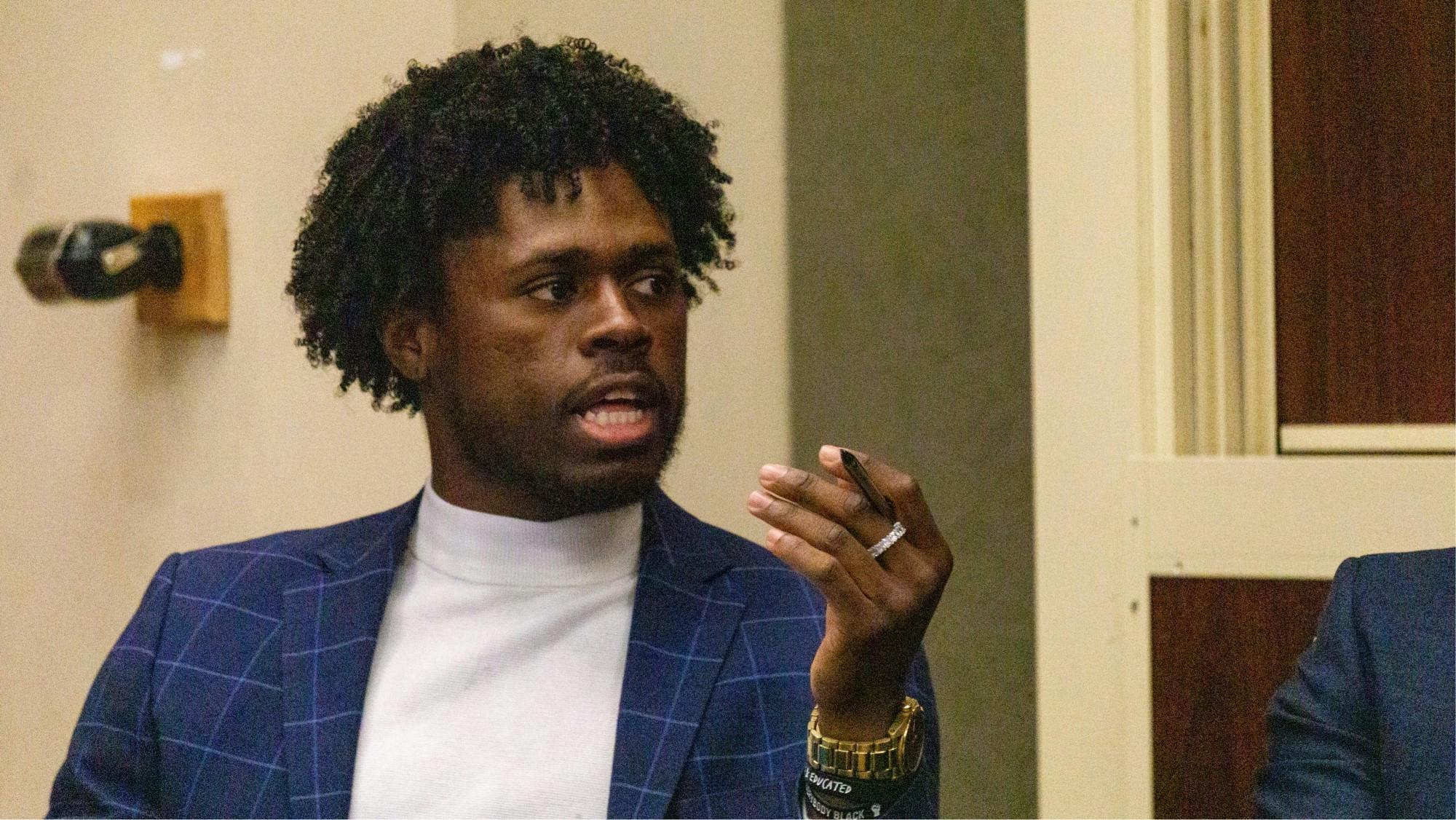 Alliance presidential candidate Aric Fulton speaks at the final Student Government Association (SGA) debate of the election Feb. 21, 2020, at the Arts and Journalism Building. Alliance narrowly edged out the Aureum slate in the first round of voting to qualify for a runoff against the Bold slate. John Lynch, DN