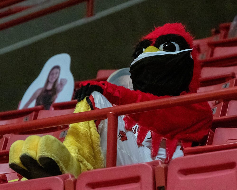 Charlie Cardinal sits in the stands of the men&#x27;s basketball game Feb. 2, 2021, at John E. Worthen Arena. Ball State lost to Buffalo 58-78. Jaden Whiteman, DN