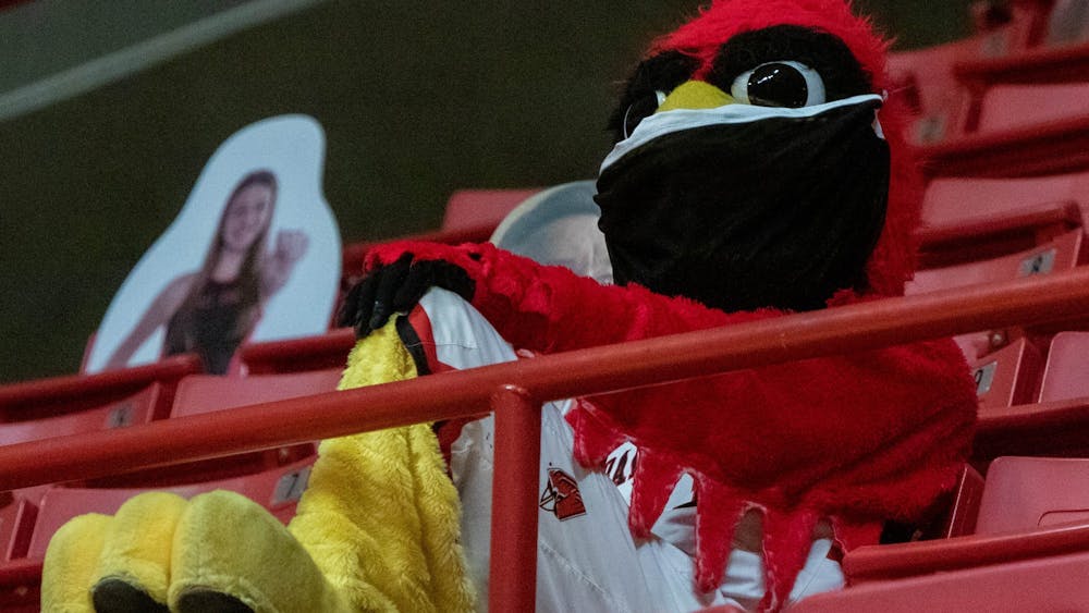 Charlie Cardinal sits in the stands of the men&#x27;s basketball game Feb. 2, 2021, at John E. Worthen Arena. Ball State lost to Buffalo 58-78. Jaden Whiteman, DN