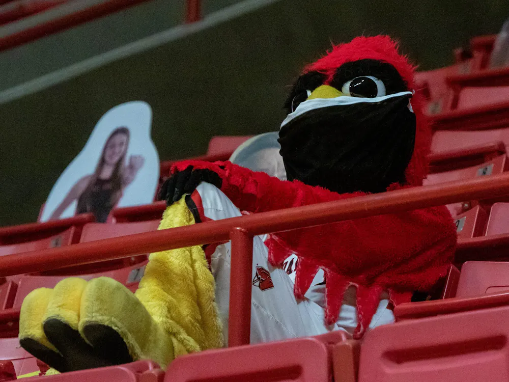 Charlie Cardinal sits in the stands of the men's basketball game Feb. 2, 2021, at John E. Worthen Arena. Ball State lost to Buffalo 58-78. Jaden Whiteman, DN