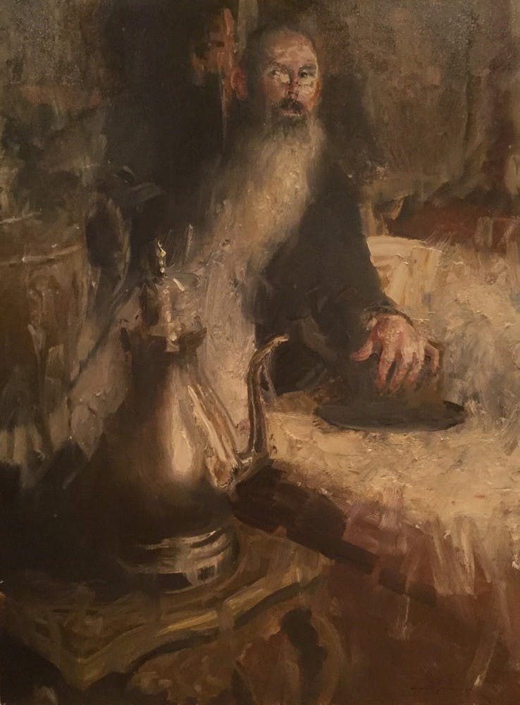 C. W. Mundy, a Ball State Alumnus, painted this picture of Richard Anderson. Anderson works in the Hoosier Salon in Carmel, Indiana, where Mundy's work is often exhibited.
