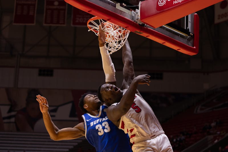 Ball State senior center Payton Sparks puts the ball up for two against Buffalo Feb. 22 at Worthen Arena. Ball State defeated Buffalo 80-66. Titus Slaughter, DN 