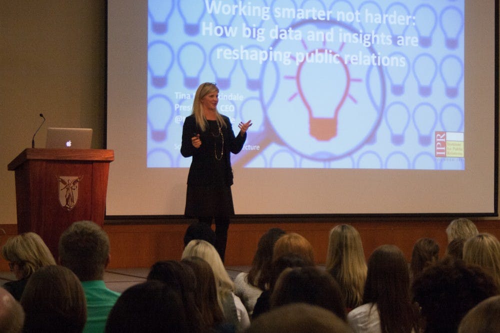 Tina McCorkindale, President and CEO of the Institute for Public Relations, speaks at the Schranz Lecture on Nov. 9, 2016 in the Student Center Ballroom. Kaiti Sullivan // DN