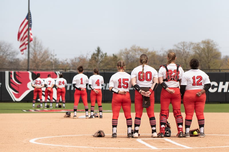 Ball State Cardinals stand for the national anthem on April 23, 2021, at the Softball Field at First Merchants Ballpark Complex. The Cardinals won 4-2 against the Bobcats. Madelyn Guinn, DN