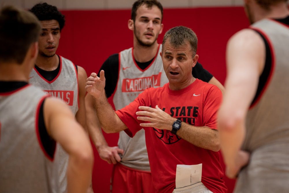 <p>Ball State Men's Basketball head coach James Whitford talks with players during practice Sept. 24, 2019 at the Dr. Don Shondell Practice Center. The basketball season starts in early November. <strong>Eric Pritchett, DN</strong></p>
