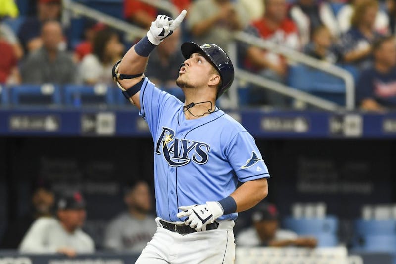 Tampa Bay Rays' Nate Lowe (35) points up after scoring a home run at the bottom of the fourth inning against the Cleveland Indians on Sunday, Sept. 1, 2019 at Tropicana Field in St. Petersburg, Fla. (Allie Goulding/Tampa Bay Times/TNS)