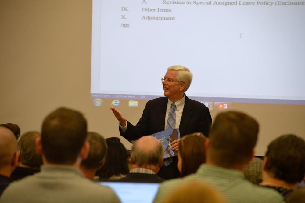 <p>Ball State is looking into safe practice for handling employee and student personal identifiable information (PII) due to the Anthem Inc. data breach last year. President Paul W. Ferguson attended the University Senate meeting Thursday to show support. <em>DN PHOTO REBECCA KIZER</em></p>