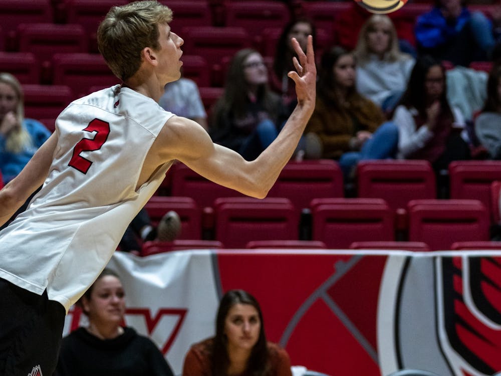 Ball State Sophomore, Kaleb Jenness (2) winds up to serve in the second set of the matchup against Mckendree University Feb. 13, 2020, at John E. Worthen Arena. The Cardinals took down the Bearcats in a tight matchup, 3-1. Paul Kihn, DN