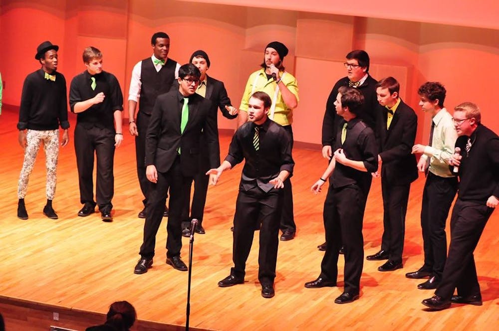 <p>Unexpected Resolution performs at Pruis Hall. The a cappella group will compete at the ICCA Midwest Quarter Finals on Saturday. PHOTO COURTESY OF UNEXPECTED RESOLUTION </p>