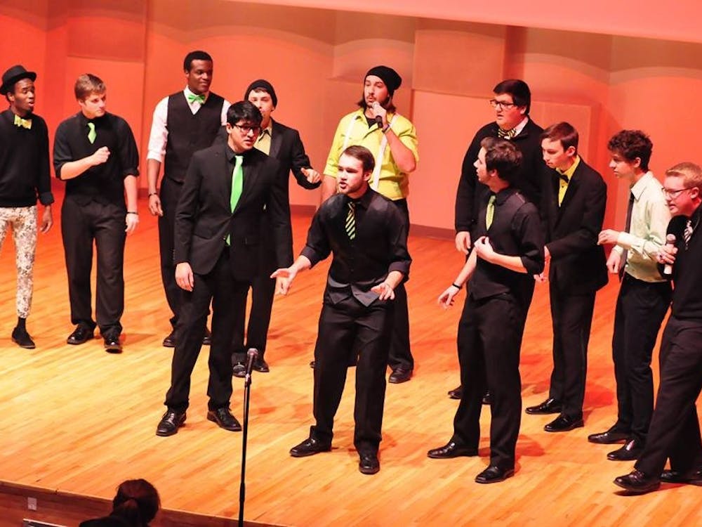Unexpected Resolution performs at Pruis Hall. The a cappella group will compete at the ICCA Midwest Quarter Finals on Saturday. PHOTO COURTESY OF UNEXPECTED RESOLUTION 