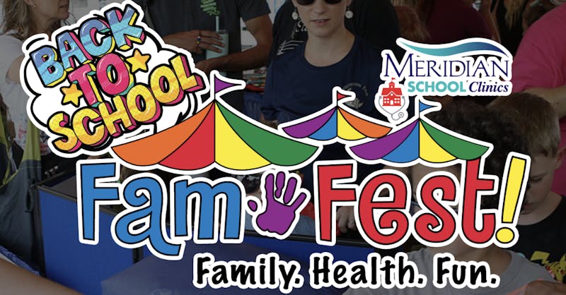 Meridian Health Services and Meridian School Clinics present Fam Fest!, Thursday, July 14, 2022, at Southside Middle School in Muncie, Indiana. This event is scheduled to run from 1-5 p.m. and will offer health services along with food and entertainment. 
